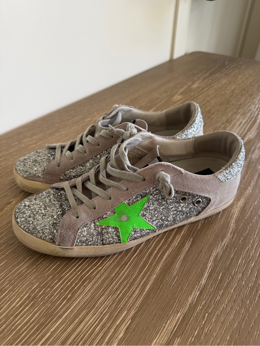 Golden Goose Silver Glitter Sneakers With Neon Green Star